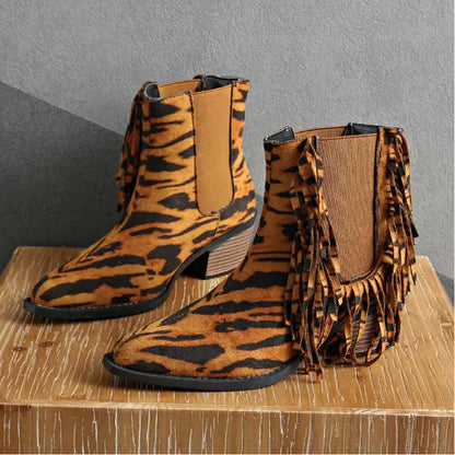 Women's fringe ankle boots with animal-print detail