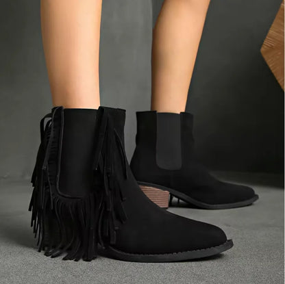 Women's fringe ankle boots with animal-print detail – Black