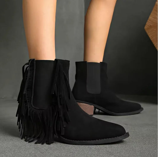 Women's fringe ankle boots with animal-print detail – Black