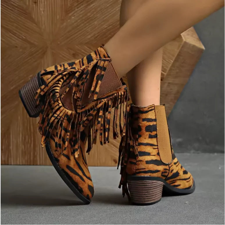 Women's fringe ankle boots with animal-print detail – Brown