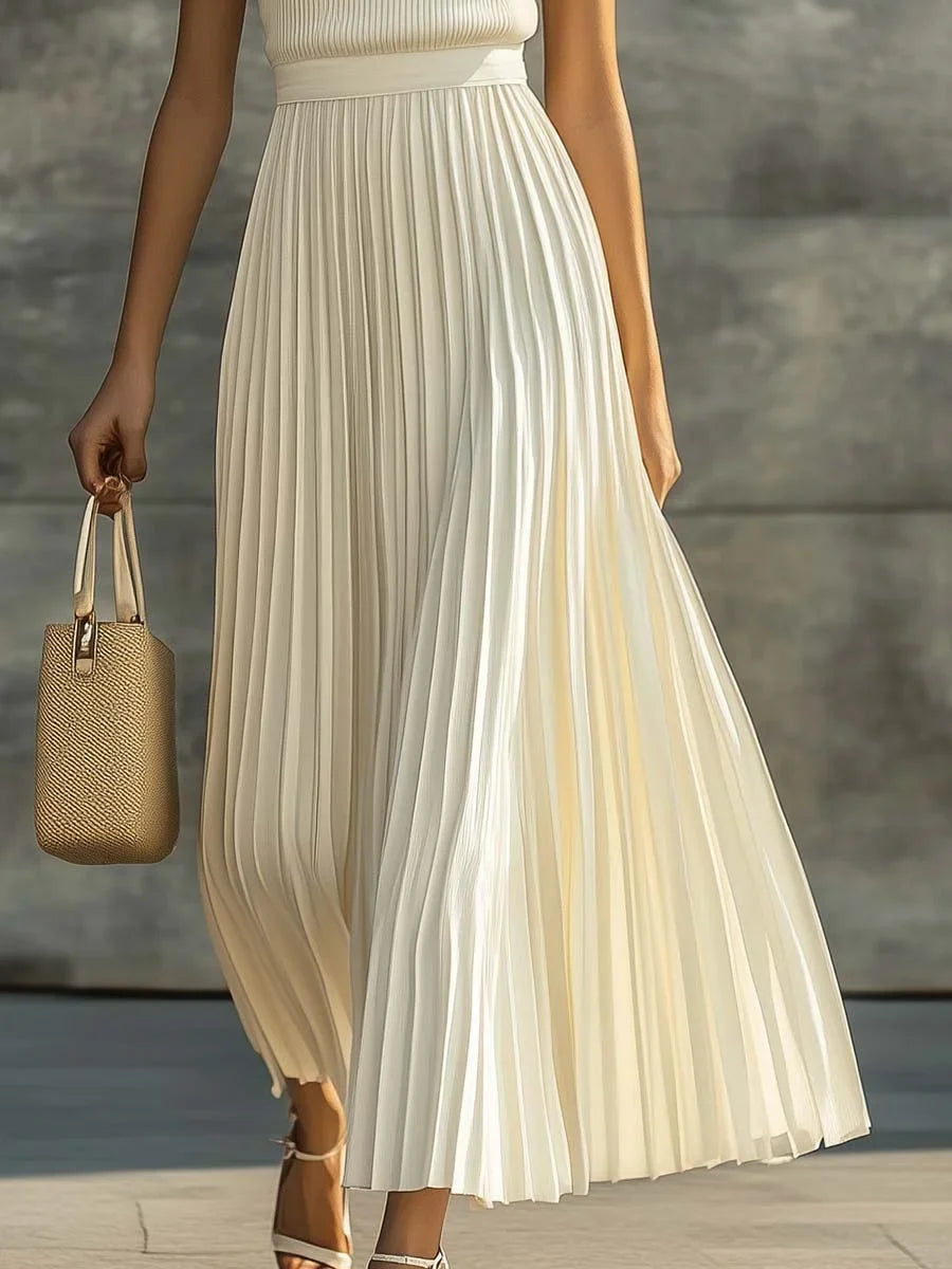 Women's sleeveless knit maxi dress with pleated chiffon hem – Cream