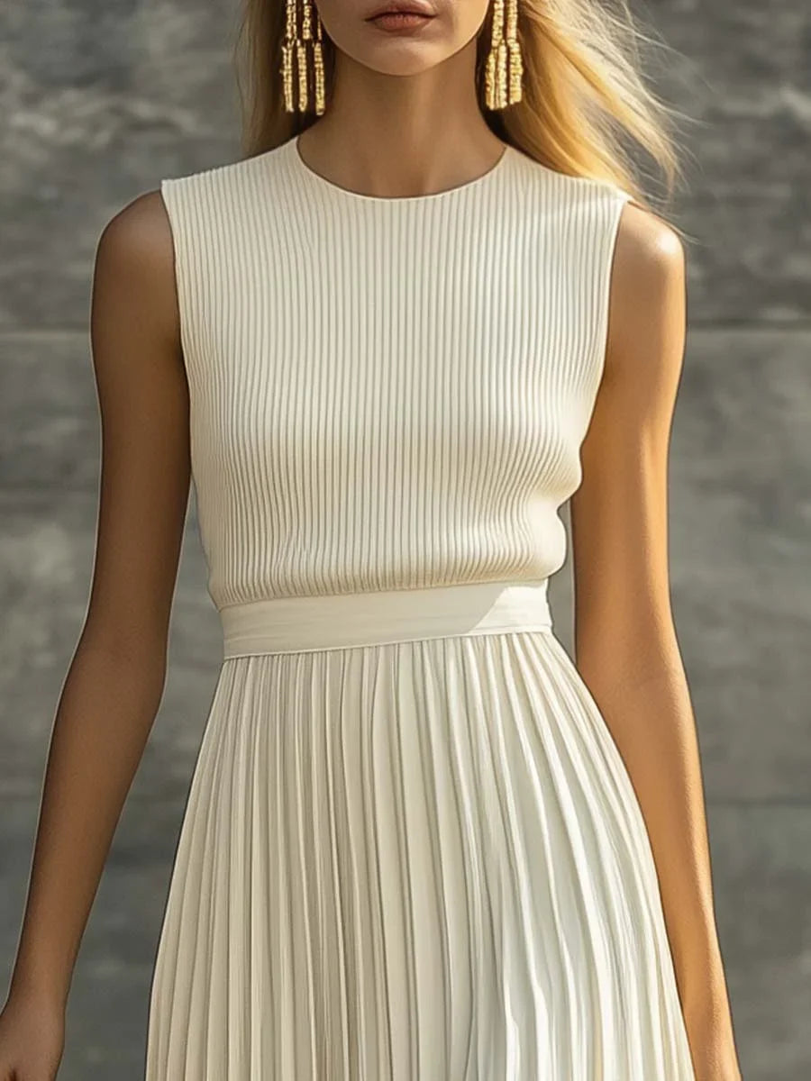 Women's sleeveless knit maxi dress with pleated chiffon hem – Cream