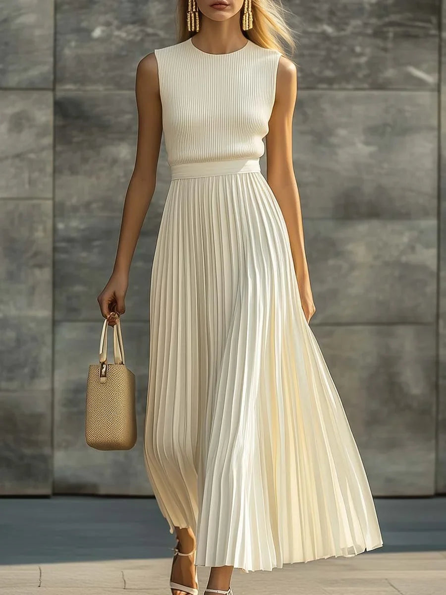 Women's sleeveless knit maxi dress with pleated chiffon hem – Cream