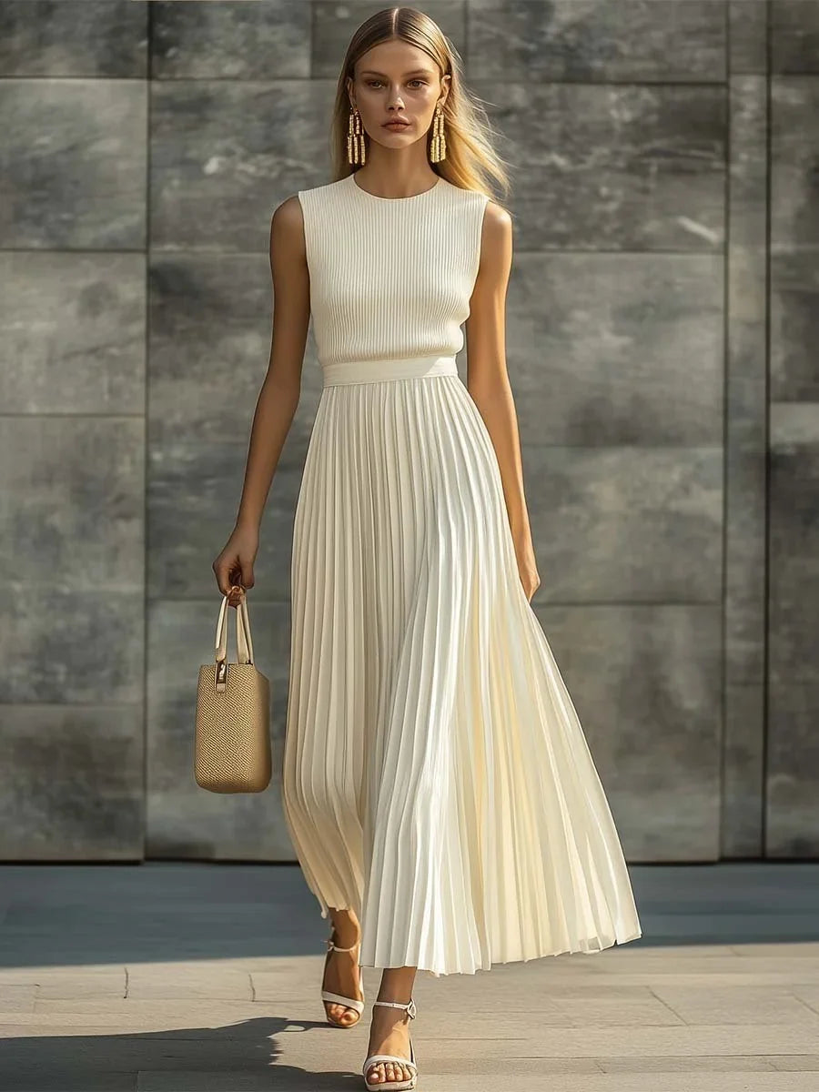 Women's sleeveless knit maxi dress with pleated chiffon hem – Cream
