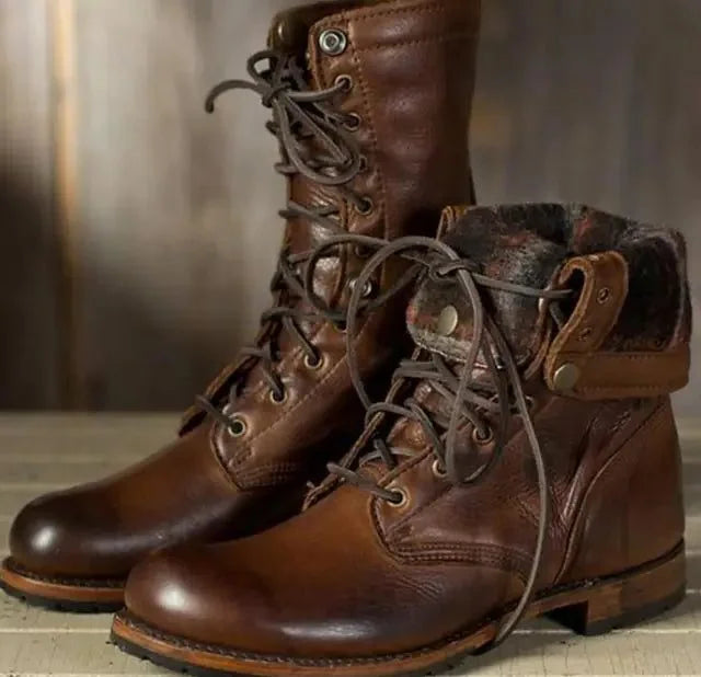 Women's lace-up leather mid-calf boots with stacked heel