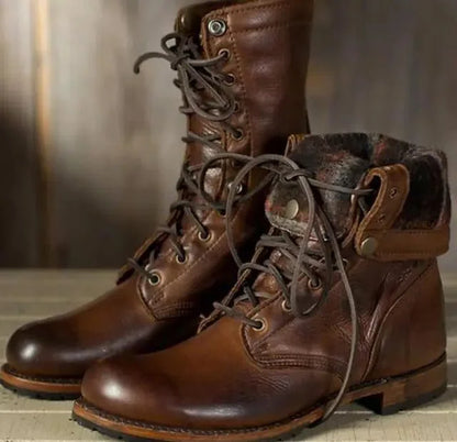 Women's lace-up leather mid-calf boots with stacked heel