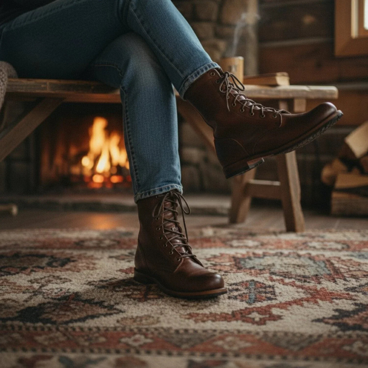 Women's lace-up leather mid-calf boots with stacked heel