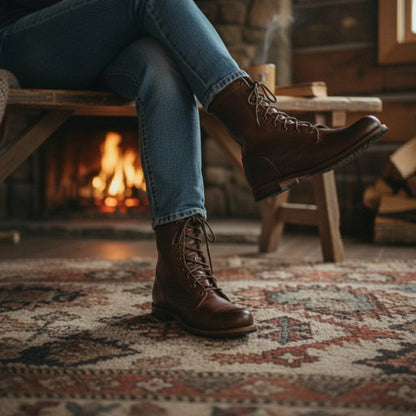Women's lace-up leather mid-calf boots with stacked heel