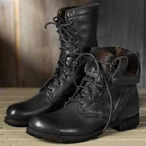 Women's lace-up leather mid-calf boots with stacked heel – Black