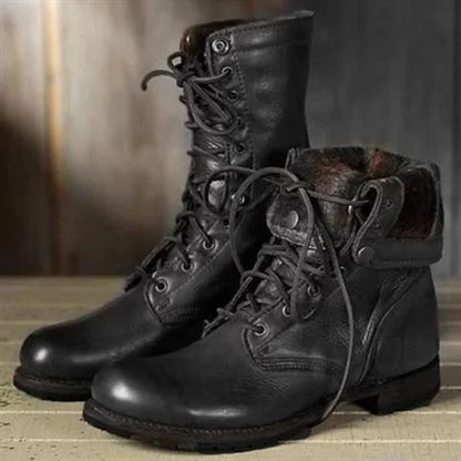 Women's lace-up leather mid-calf boots with stacked heel – Black