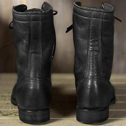 Women's lace-up leather mid-calf boots with stacked heel