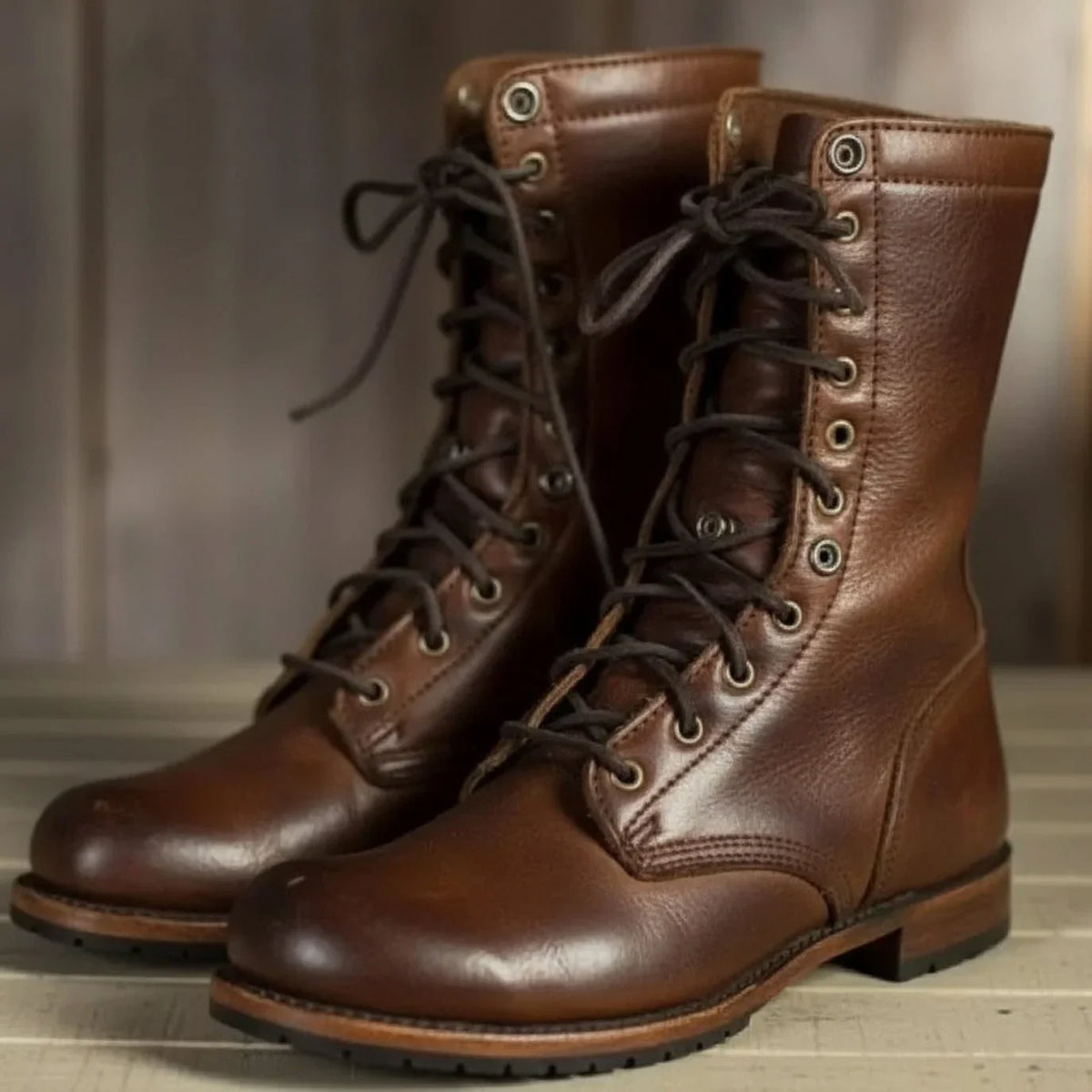 Women's lace-up leather mid-calf boots with stacked heel – Dark Brown
