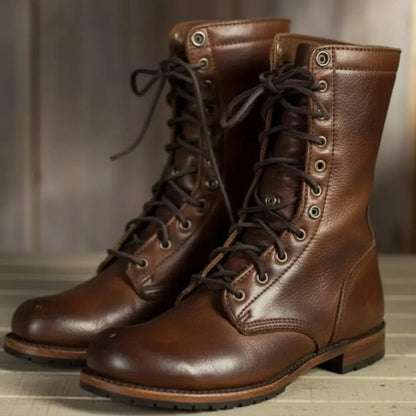 Women's lace-up leather mid-calf boots with stacked heel – Dark Brown