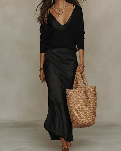 Women's ribbed knit sweater and satin wrap skirt two-piece set – Black