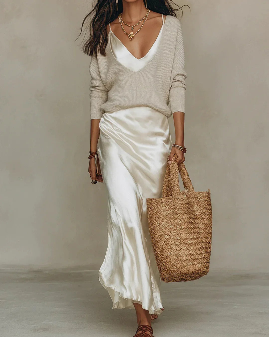 Women's ribbed knit sweater and satin wrap skirt two-piece set