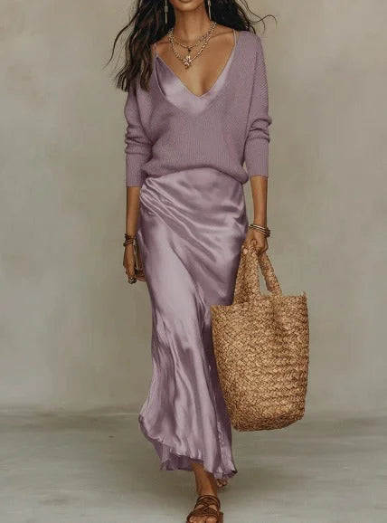 Women's ribbed knit sweater and satin wrap skirt two-piece set – Lilac
