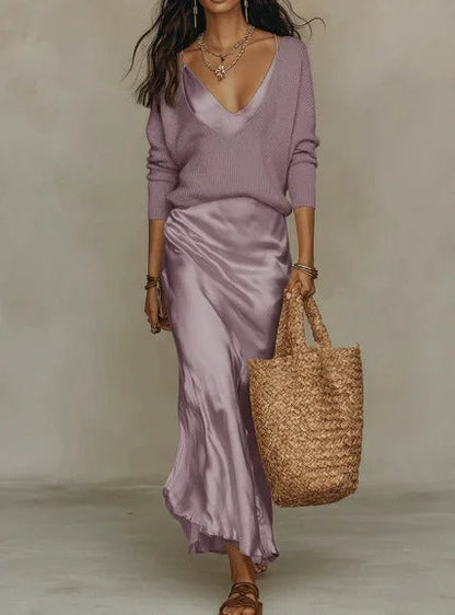 Women's ribbed knit sweater and satin wrap skirt two-piece set – Lilac