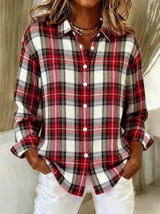 Women's bold checked knit blouse with classic collar – MultiColour