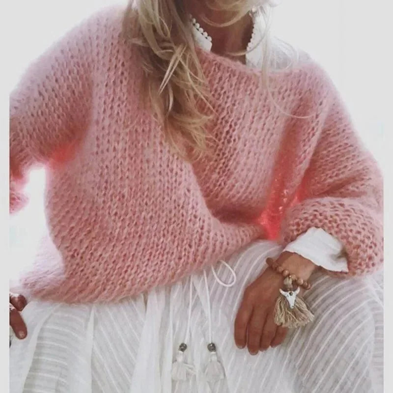 Women's mohair knit oversized sweater with contrast cuffs