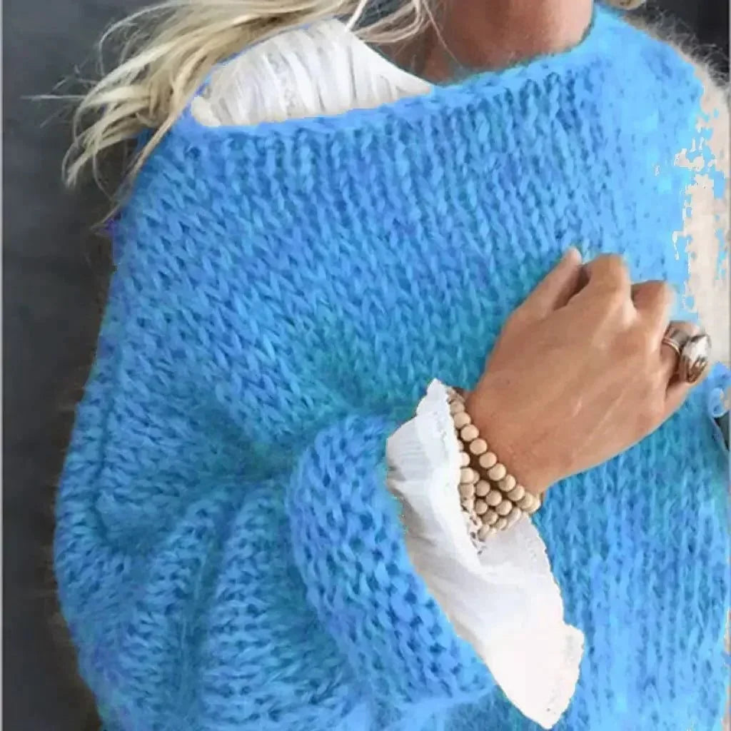 Women's mohair knit oversized sweater with contrast cuffs – Blue