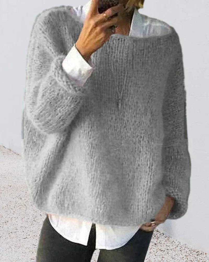 Women's mohair knit oversized sweater with contrast cuffs – Gray