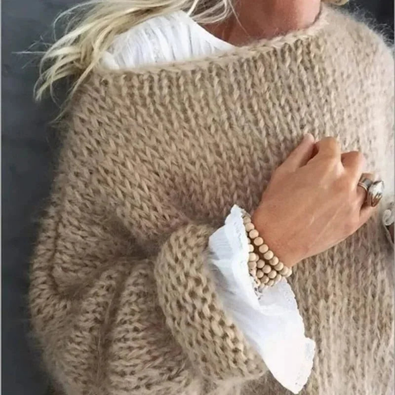 Women's mohair knit oversized sweater with contrast cuffs – Khaki