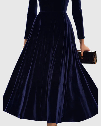 Women's velvet long-sleeve midi dress with flared skirt – Navy Blue