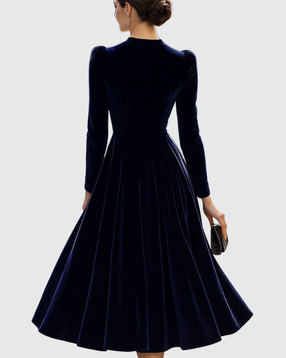 Women's velvet long-sleeve midi dress with flared skirt – Navy Blue