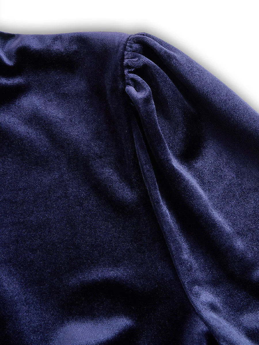 Women's velvet long-sleeve midi dress with flared skirt – Navy Blue