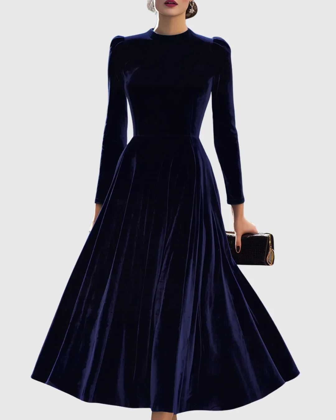 Women's velvet long-sleeve midi dress with flared skirt – Navy Blue