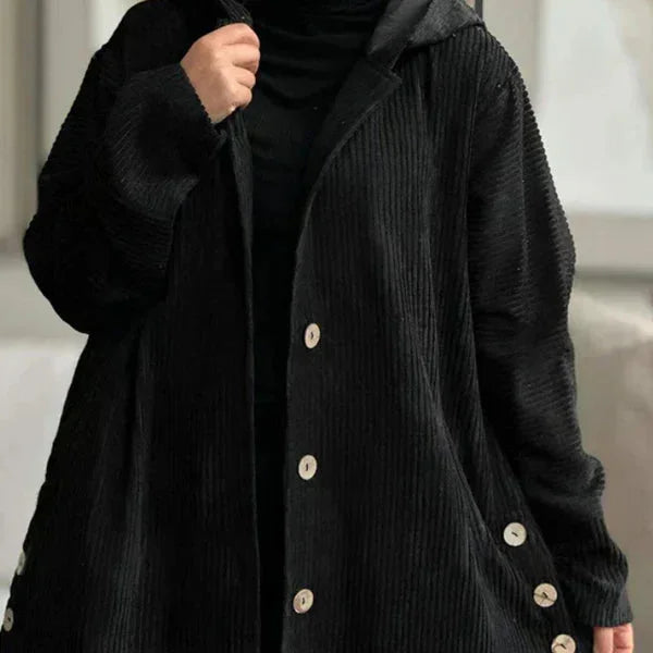 Women's ribbed-texture hooded coat with button closure