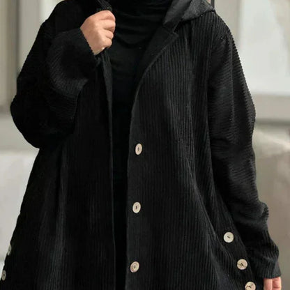 Women's ribbed-texture hooded coat with button closure