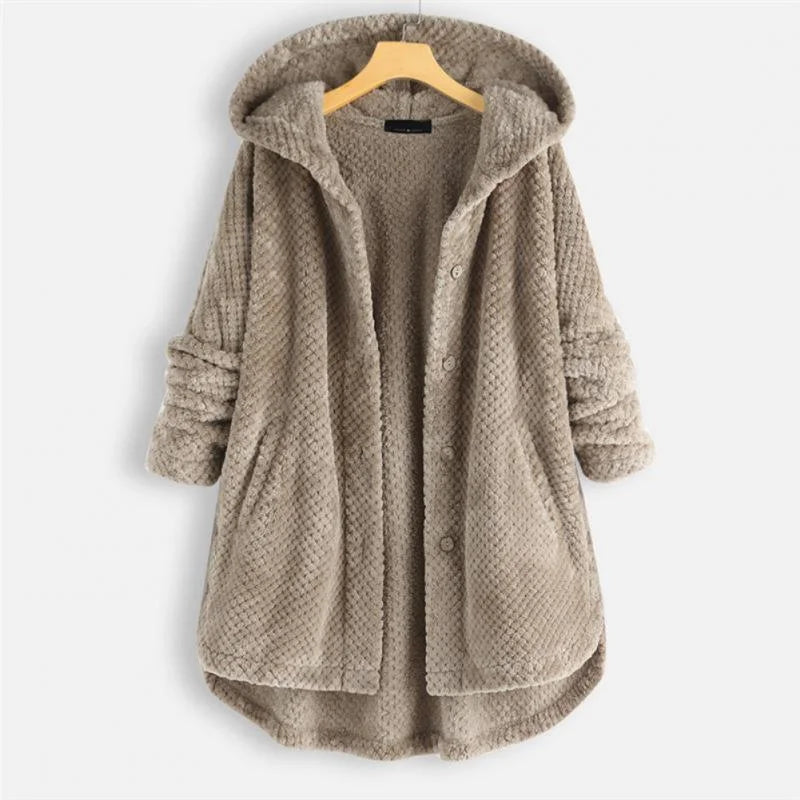 Women's ribbed-texture hooded coat with button closure – Beige