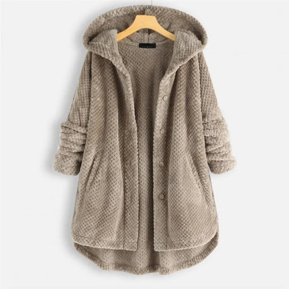 Women's ribbed-texture hooded coat with button closure – Beige
