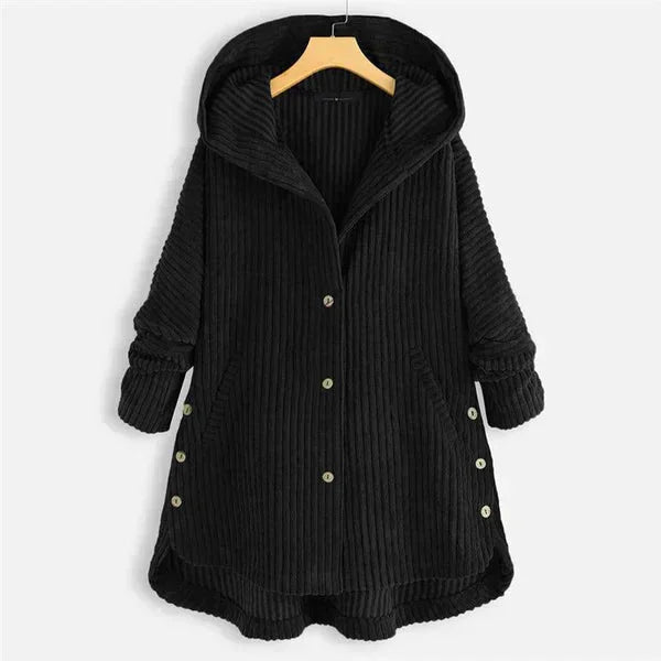 Women's ribbed-texture hooded coat with button closure – Black