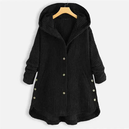 Women's ribbed-texture hooded coat with button closure – Black