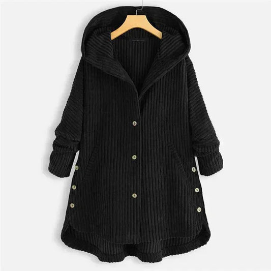 Women's ribbed-texture hooded coat with button closure – Black