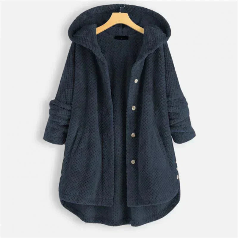 Women's ribbed-texture hooded coat with button closure – Blue