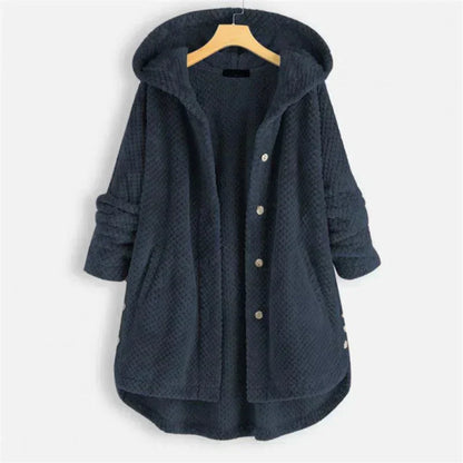 Women's ribbed-texture hooded coat with button closure – Blue