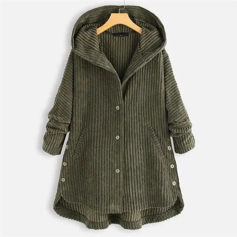 Women's ribbed-texture hooded coat with button closure – Green
