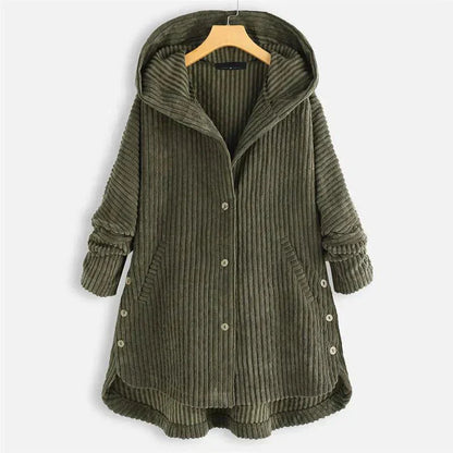 Women's ribbed-texture hooded coat with button closure – Green