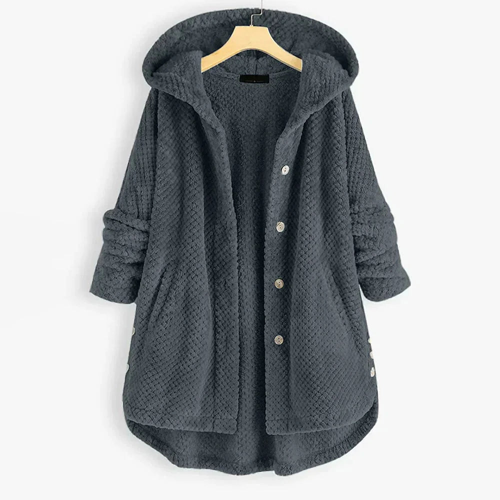 Women's ribbed-texture hooded coat with button closure – Grey