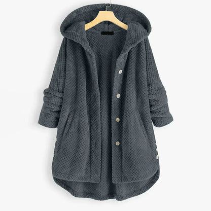 Women's ribbed-texture hooded coat with button closure – Grey