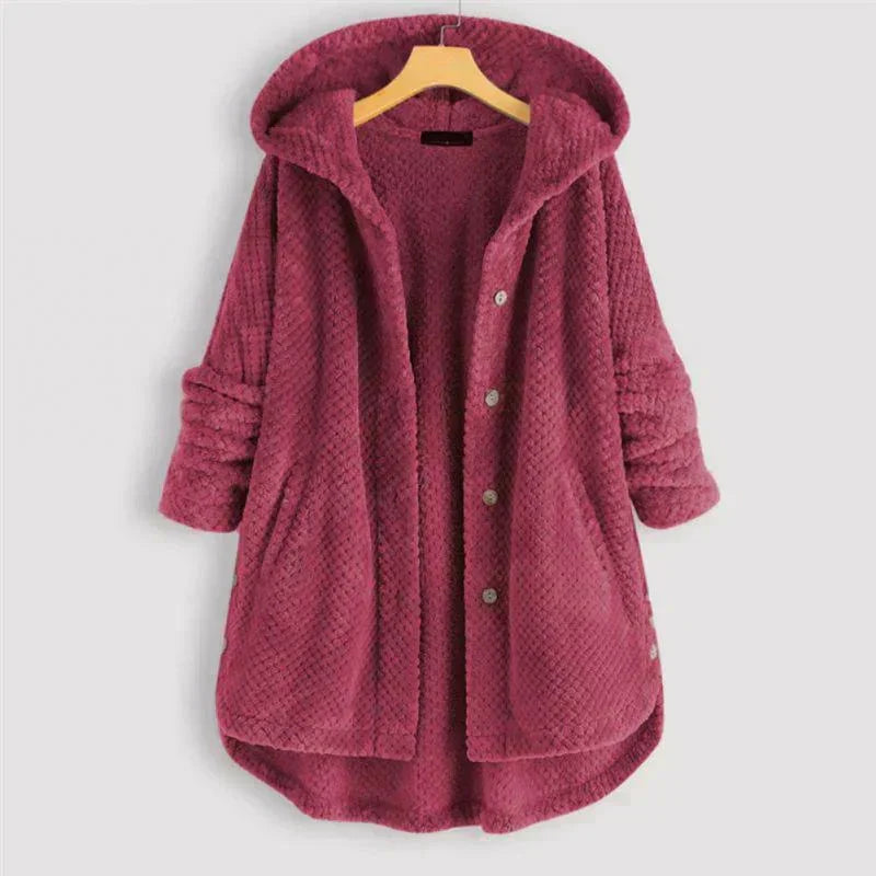 Women's ribbed-texture hooded coat with button closure – Pink