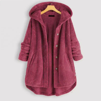 Women's ribbed-texture hooded coat with button closure – Pink
