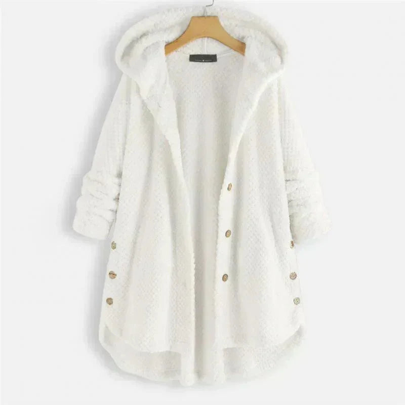 Women's ribbed-texture hooded coat with button closure – White
