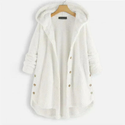 Women's ribbed-texture hooded coat with button closure – White