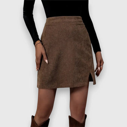 Women's corduroy back zip top with front slit – Brown