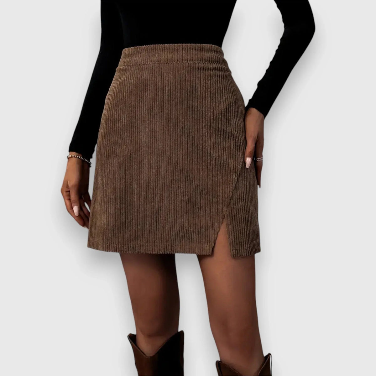 Women's corduroy back zip top with front slit – Brown
