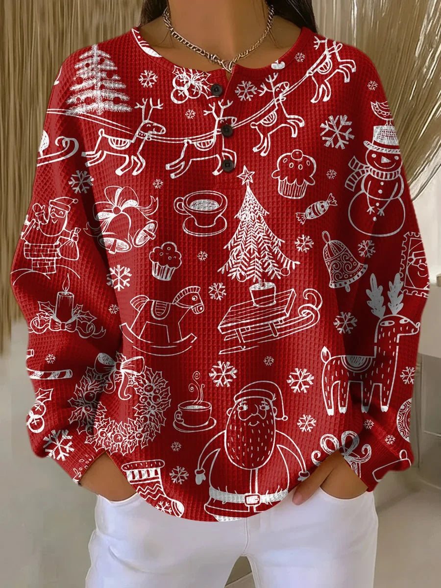 Women's knit button-front crew neck jumper with christmas doodle print – Red